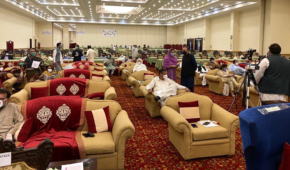 Members of the provincial assembly of Punjab prepare for the first-ever session of the House outside the historical assembly building at a local hotel in Lahore on June 5, 2020. (Photo courtesy: social media)