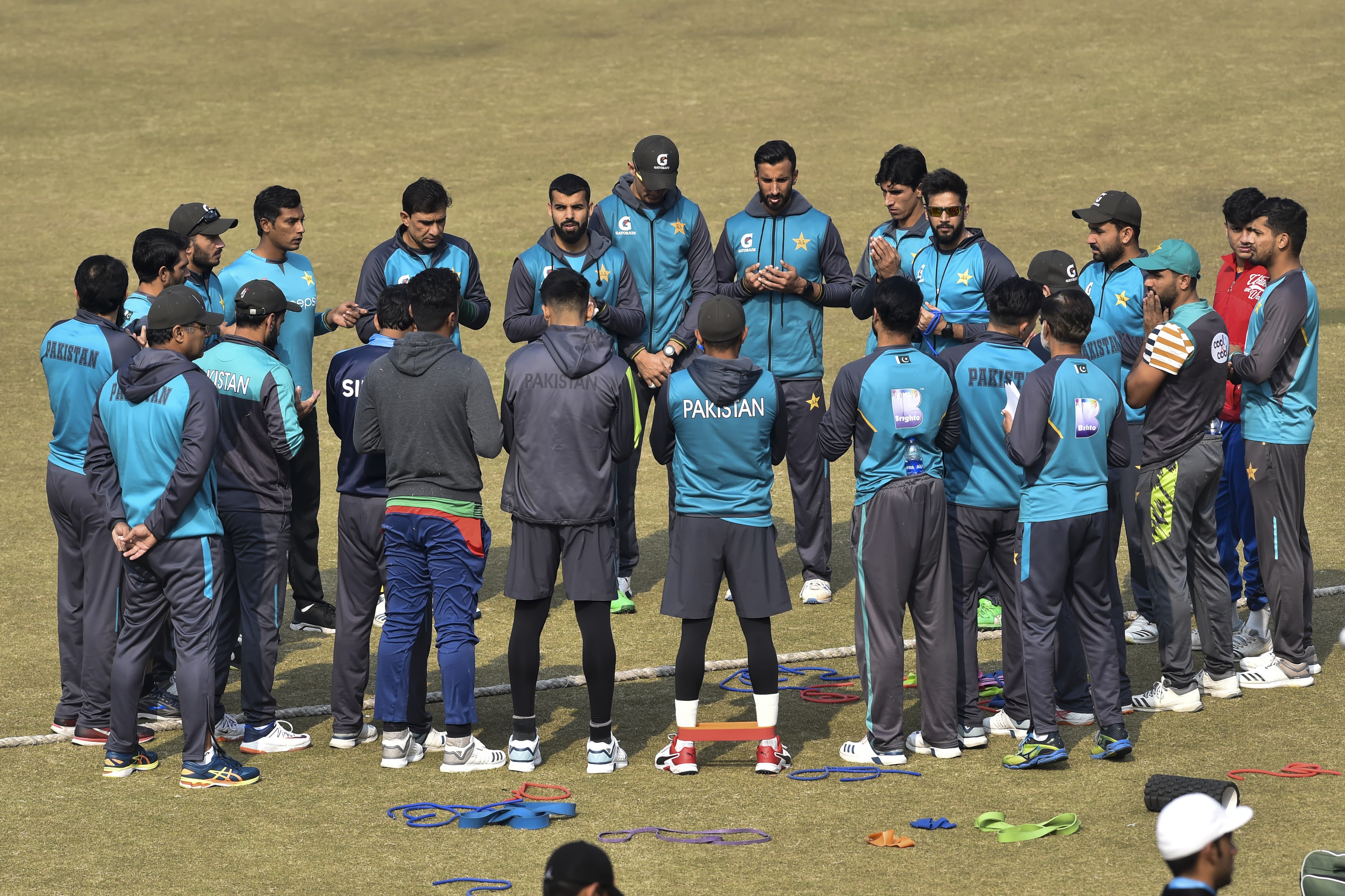 Pakistan's cricketers gather during a training camp at the Gaddafi Cricket Stadium in Lahore on January 19, 2020, ahead of the upcoming Twenty20 cricket series against Bangladesh. (AFP)