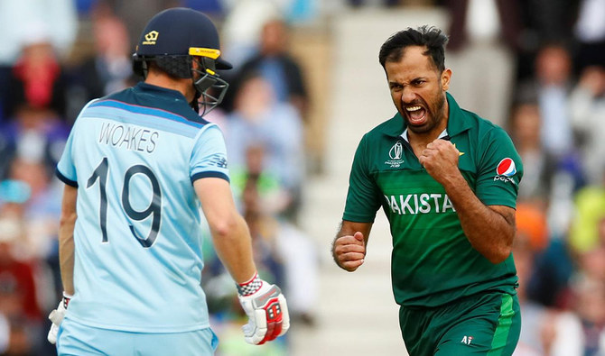 Pakistan’s Wahab Riaz celebrates the wicket of England’s Chris Woakes at Trent Bridge, Nottingham, Britain on June 3, 2019. (Reuters)