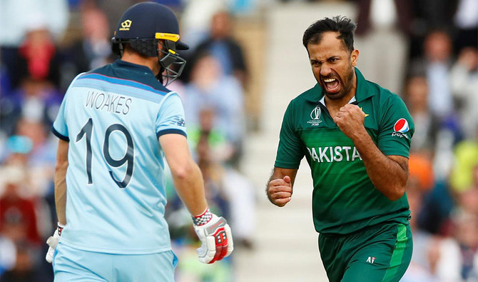 Pakistan's Wahab Riaz celebrates the wicket of England's Chris Woakes on June 3, 2019 in Trent Bridge, Nottingham, Britain. (REUTERS)