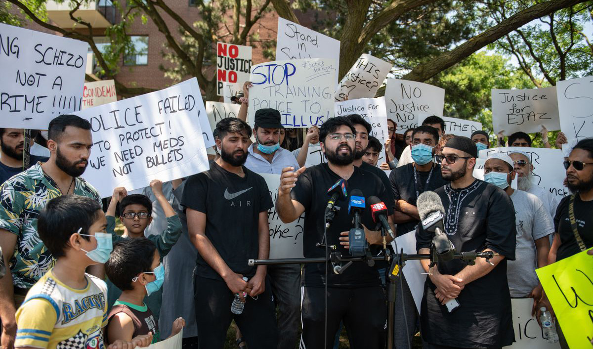 Hashim Choudhary addresses the media in front of the apartment building where his uncle, Ejaz Choudry, was shot by Police and died at the scene, in Mississauga, Canada, on June 21, 2020. (Photo courtesy: The Canadian Press)
