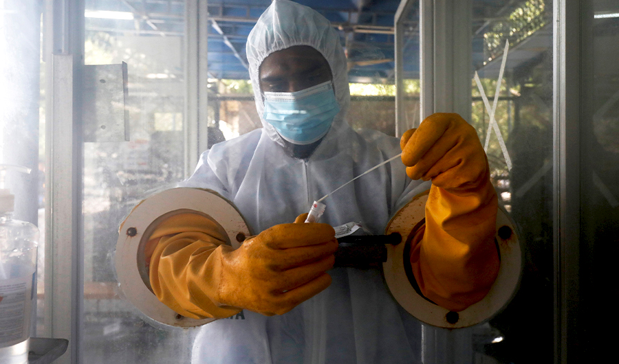 A paramedic holds a nose swab sample collected at a glass booth, to be tested for the coronavirus disease (COVID-19), in Karachi, Pakistan June 23, 2020. (REUTERS)