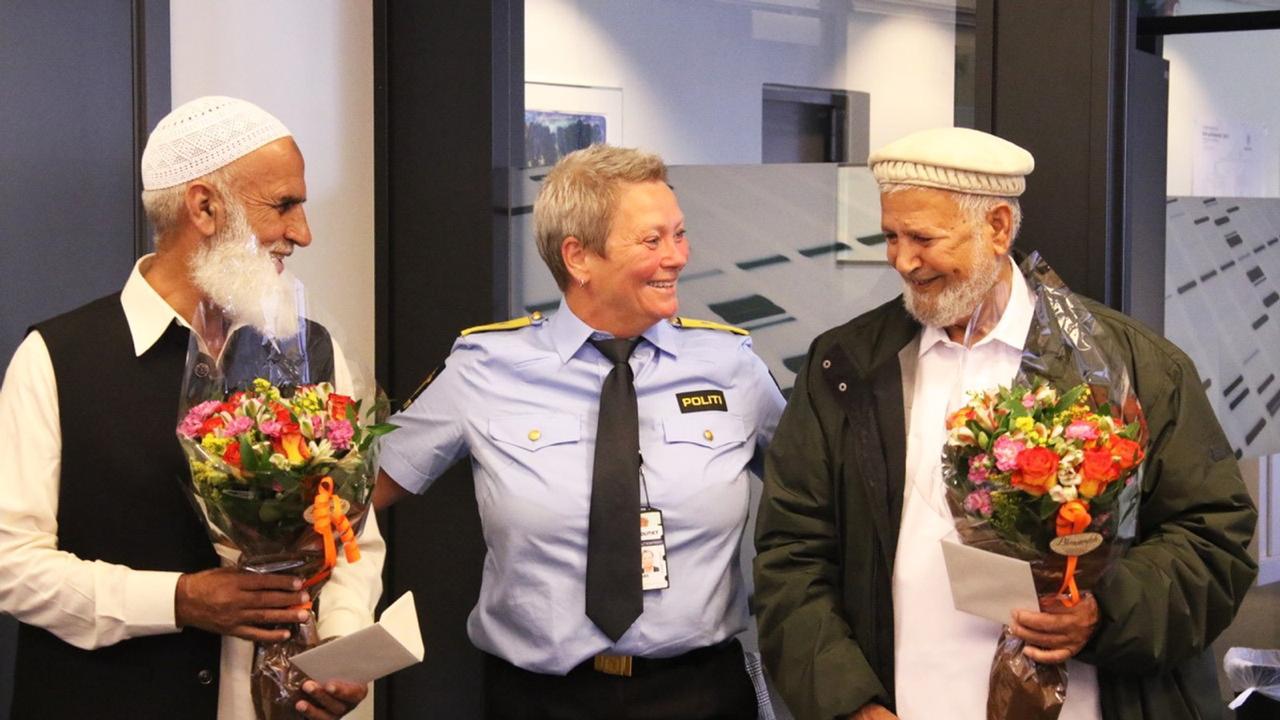 Muhammad Rafiq and Muhammad Iqbal Javed - who overpowered Philip Manshaus during the attack on the Al-Noor mosque in Baerum west of the capital Oslo- were honored by Police Chief Beate Gangås and Baerum's Mayor Lisbeth Hammer Krogh at the Sandvika Police House on August 18, 2019. (Photo courtesy: Oslo Police District / Press)
