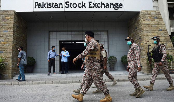 Paramilitary officers inspect the premisses of the Pakistan Stock Exchange building following an attack by gunmen in Karachi on June 29, 2020. (AFP)