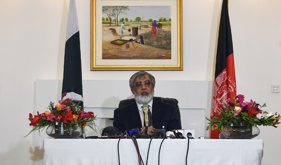 In this file photo, Zahid Nasrullah Khan, Pakistan's ambassador to Afghanistan, holds a press conference at the Pakistan embassy in Kabul on August 8, 2019. (AFP)