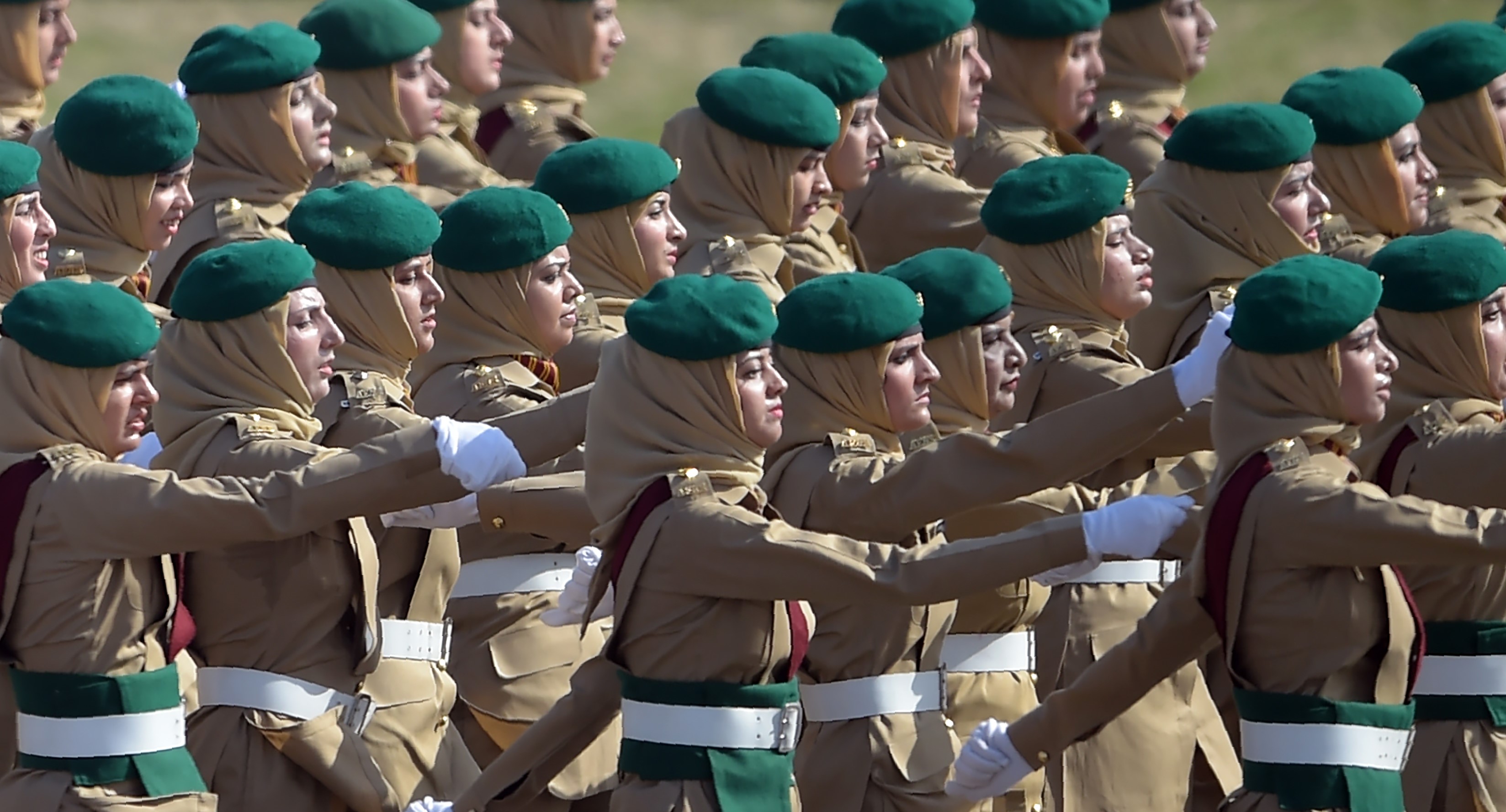 In this file photo, female Pakistan Army soldiers march during a Pakistan Day military parade in Islamabad on March 23, 2017. (AFP/File)