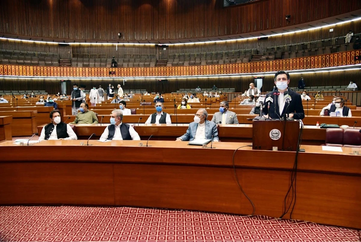 Minister of State for Revenue Muhammad Hammad Azhar discusses budget 2019-2020 at the Parliament house in Islamabad, Pakistan 12 June 2019. (PID photo)
