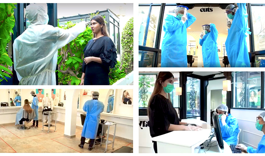 Beauticians at a NABILA salon wear protective gear as beauty parlors in several parts of Pakistan have been allowed to reopen if they follow necessary safety measures. (Photo courtesy: NABILA)