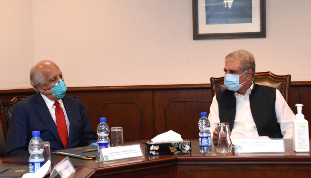 The US special representative for Afghanistan reconciliation, Zalmay Khalilzad, left, meets with Foreign Minister Shah Mahmood Qureshi in Islamabad on Wednesday, July 1, 2020. (Photo courtesy: Foreign Office)