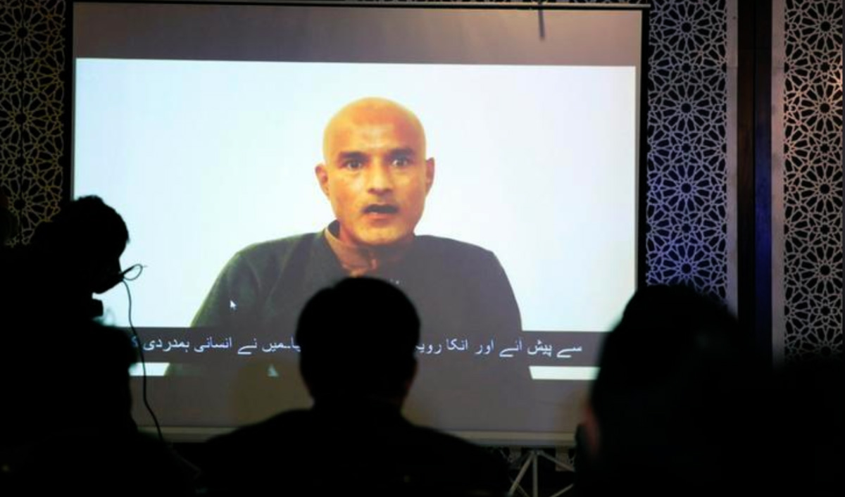 Former Indian navy officer Kulbhushan Sudhir Jadhav is seen on a screen during a news conference at the Ministry of Foreign Affairs in Islamabad on Dec. 25, 2017. (REUTERS/File)