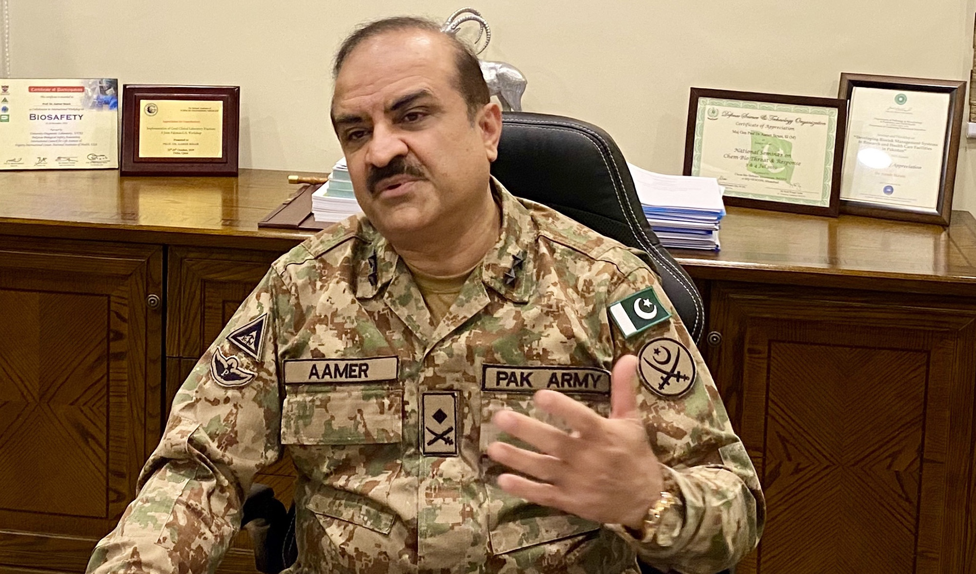 The National Institute of Health’s executive director, Maj-Gen Aamer Ikram, is giving an exclusive interview to Arab News in Islamabad on July 13, 2020. (AN Photo)