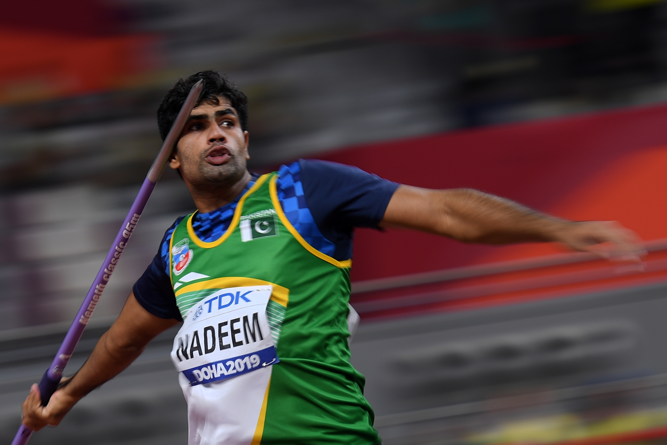 Pakistan's Arshad Nadeem competes in the Men's Javelin Throw heats at the 2019 IAAF Athletics World Championships at the Khalifa International stadium in Doha on October 5, 2019. (AFP)