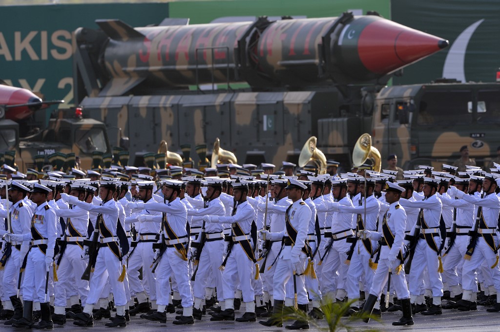 Pakistani Naval soldiers march past long-range ballistic Shaheen III missiles during the Pakistan Day military parade in Islamabad on March 23, 2016. (AFP/File)