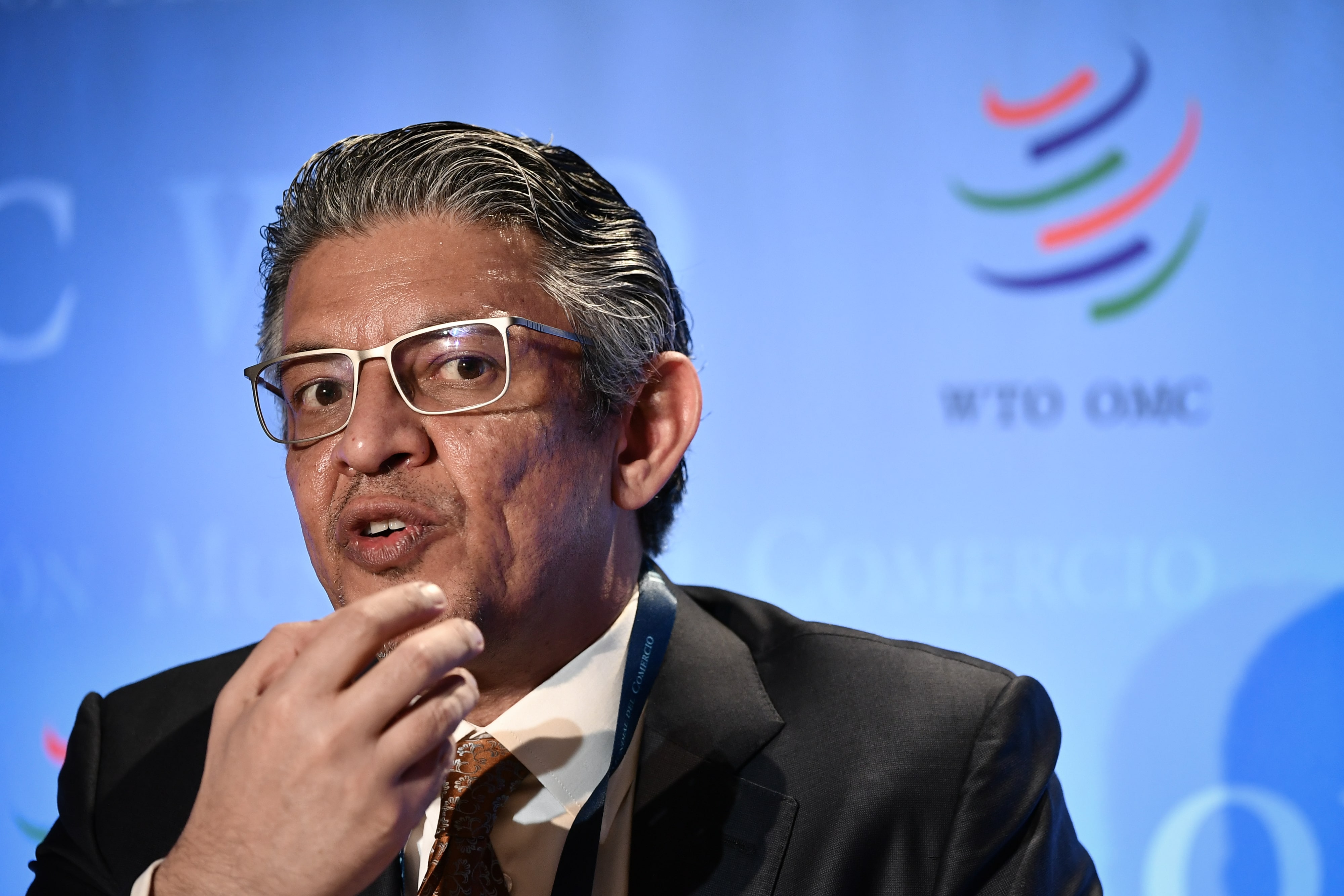 Former Saudi economy minister and Saudi Arabia's candidate for General Director of the World Trade Organization (WTO) Mohammed al-Tuwaijri attends a press conference on July 17, 2020 in Geneva, following his hearing before 164 member states' representatives, as part of the application process to head the World Trade Organization (WTO) as Director General. (AFP Photo)