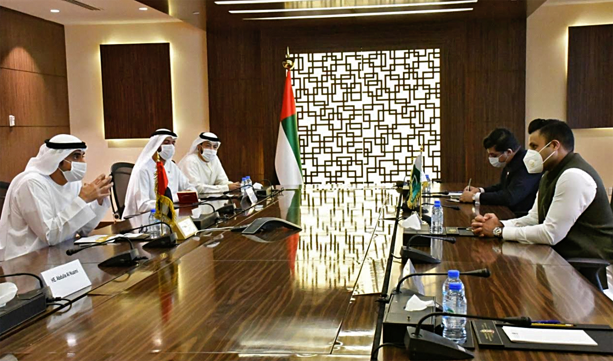 The prime minister’s special assistant on overseas Pakistanis, Sayed Zulfikar Bukhari, meets with UAE Human Resources and Emiratization Minister Nasser bin Thani Al-Hamli in Dubai on July 23, 2020. (Photo courtesy: Sayed Z. Bukhari)