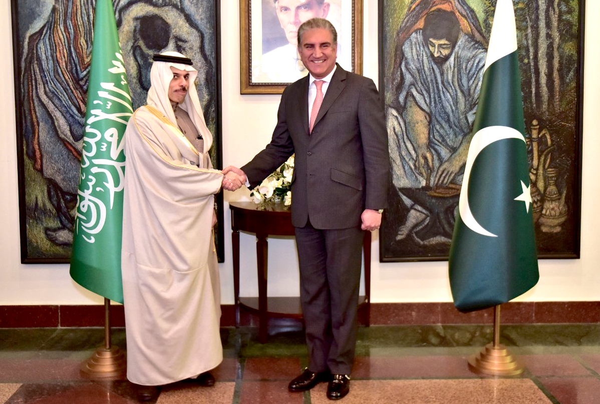 Saudi Arabian Foreign Minister Prince Faisal bin Farhan Al-Saud meets Pakistani Foreign Minister Shah Mehmood Qureshi at the Foreign Office in Islamabad, Dec. 26, 2019. (Photo courtesy: Foreign Office)