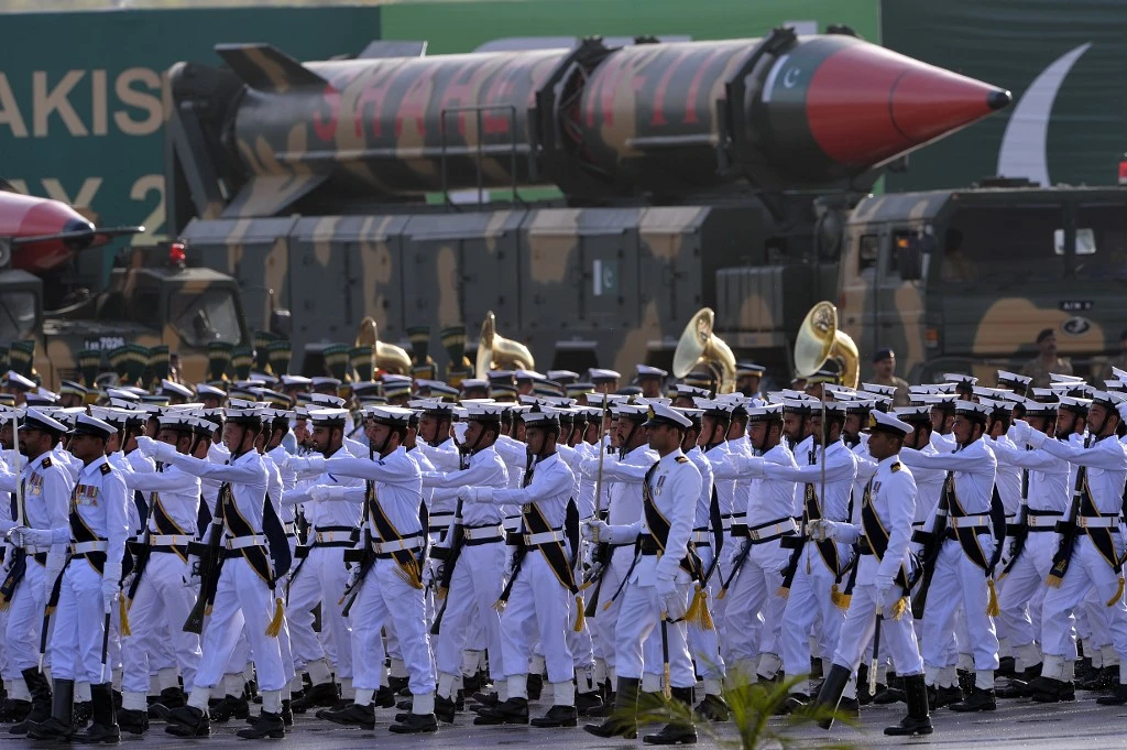 Pakistani Naval soldiers march past long-range ballistic Shaheen III missiles during the Pakistan Day military parade in Islamabad on March 23, 2016. (AFP/File)