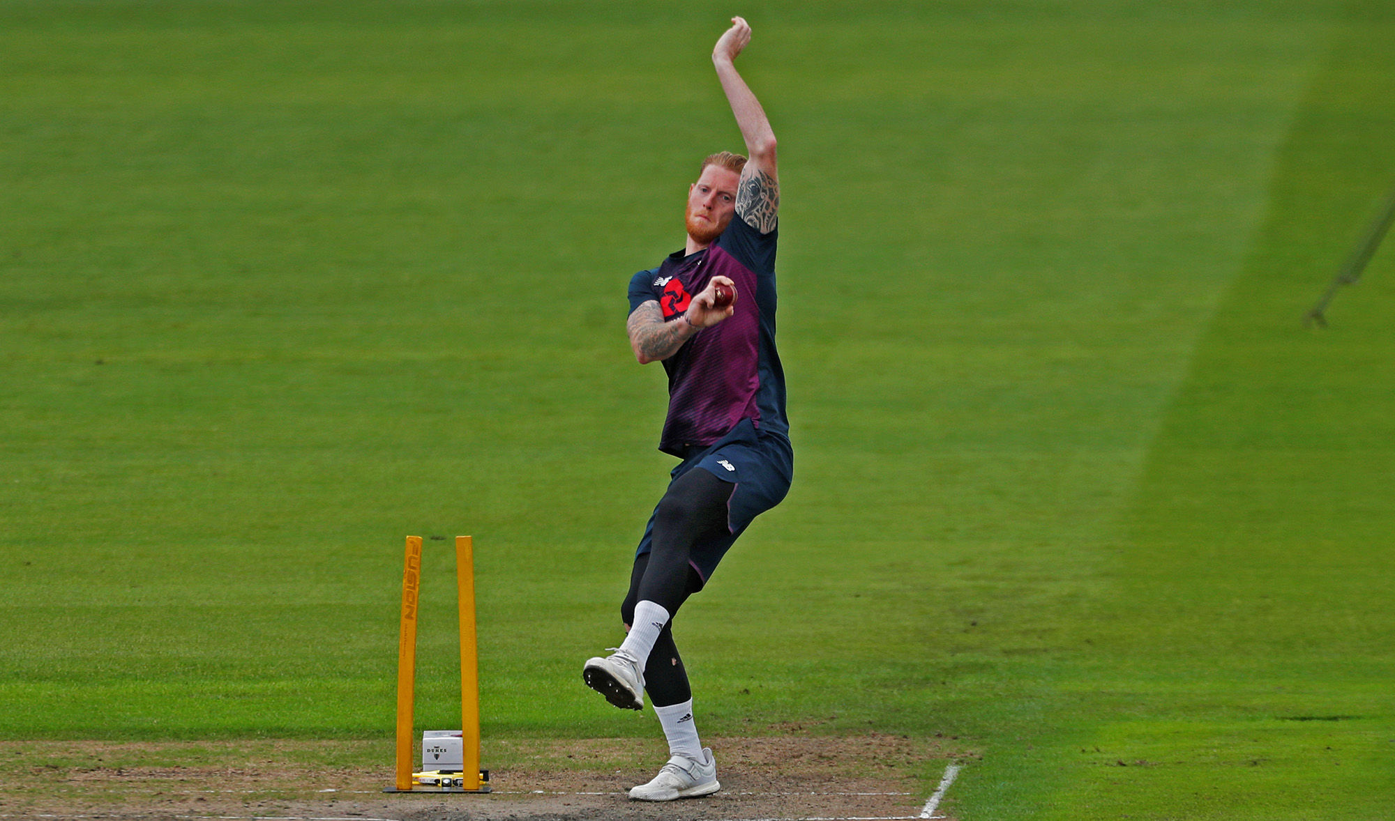Ben Stokes during the warm up before the start of first test between England and Pakistan at Emirates Old Trafford in Manchester, Britain on Aug. 5, 2020. (REUTERS)