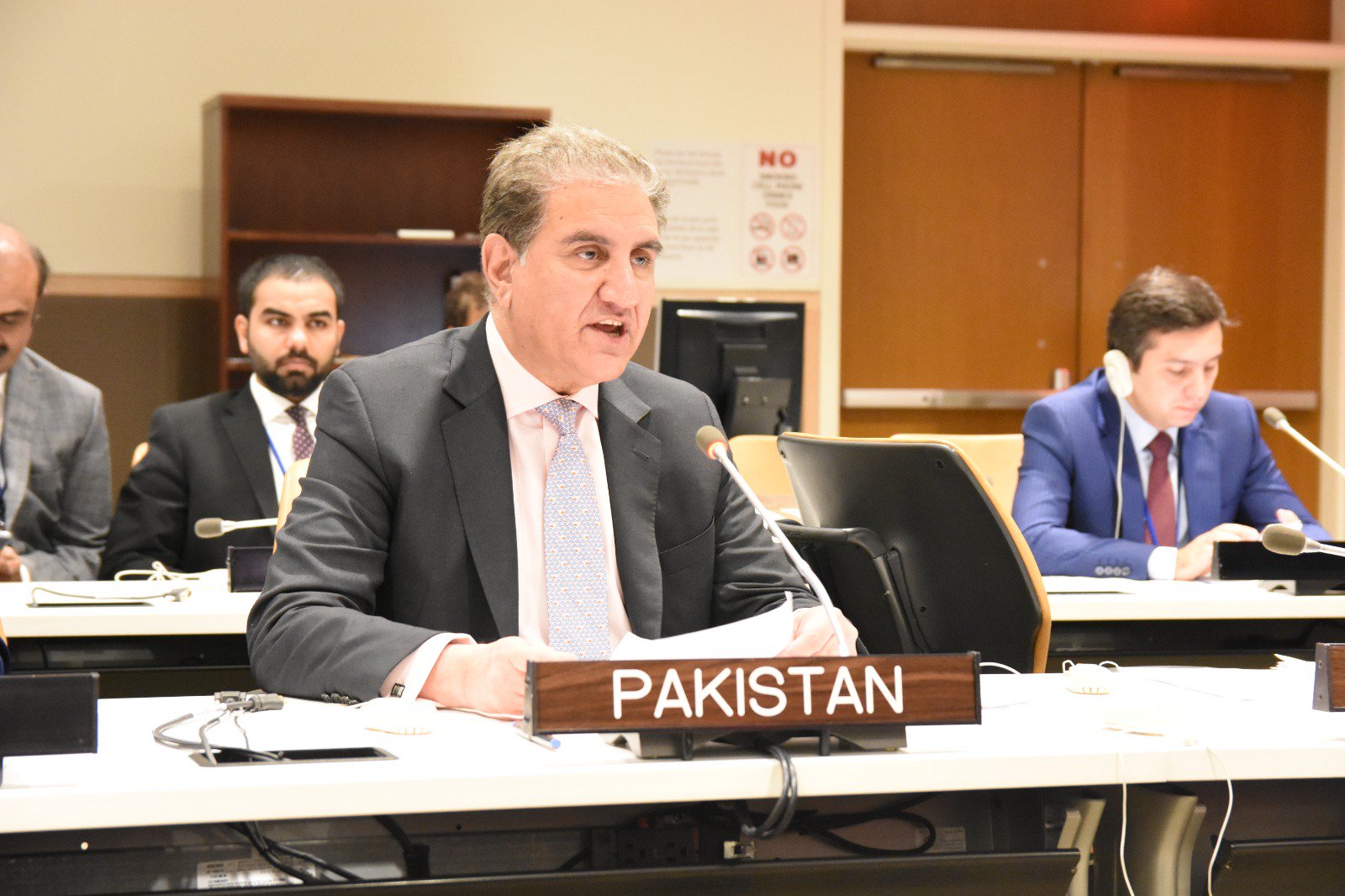 Pakistani foreign minister Shah Mahmood Qureshi at OIC meeting on Kashmir on Sep 26, 2019. (Photo courtesy: Shah Mahmood Qureshi's Twitter)