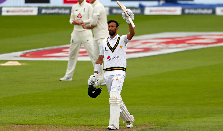 Pakistan's Shan Masood reacts after reaching his century during play on the second day of the first Test cricket match between England and Pakistan at Old Trafford in Manchester, north-west England on August 6, 2020. (AFP)