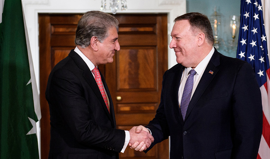 US Secretary of State Mike Pompeo shakes hands with Pakistani Foreign Minister Shah Mehmood Qureshi before a meeting at the US State Department on January 17, 2020, in Washington, DC. (AFP)