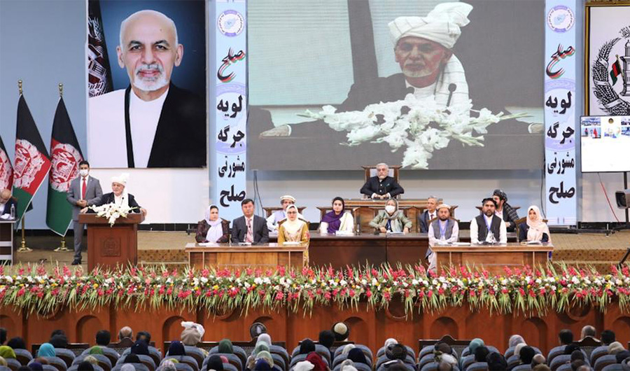 Afghanistan's President Ashraf Ghani speaks during a consultative grand assembly, known as Loya Jirga, in Kabul, Afghanistan August 7, 2020. Afghan Presidential Palace/Handout via REUTERS