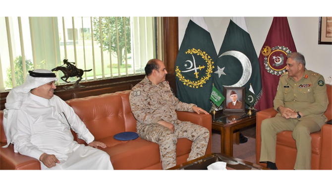 Major General Talal Abdullah Al-Otaibi, center, and Saudi ambassador to Pakistan Nawaf Saeed Al-Malkiy, left, are seen here in a meeting with Pakistan Army Chief General Qamar Javed Bajwa, right, in Rawalpindi on Sept. 12, 2019. (Photo courtesy:ISPR)