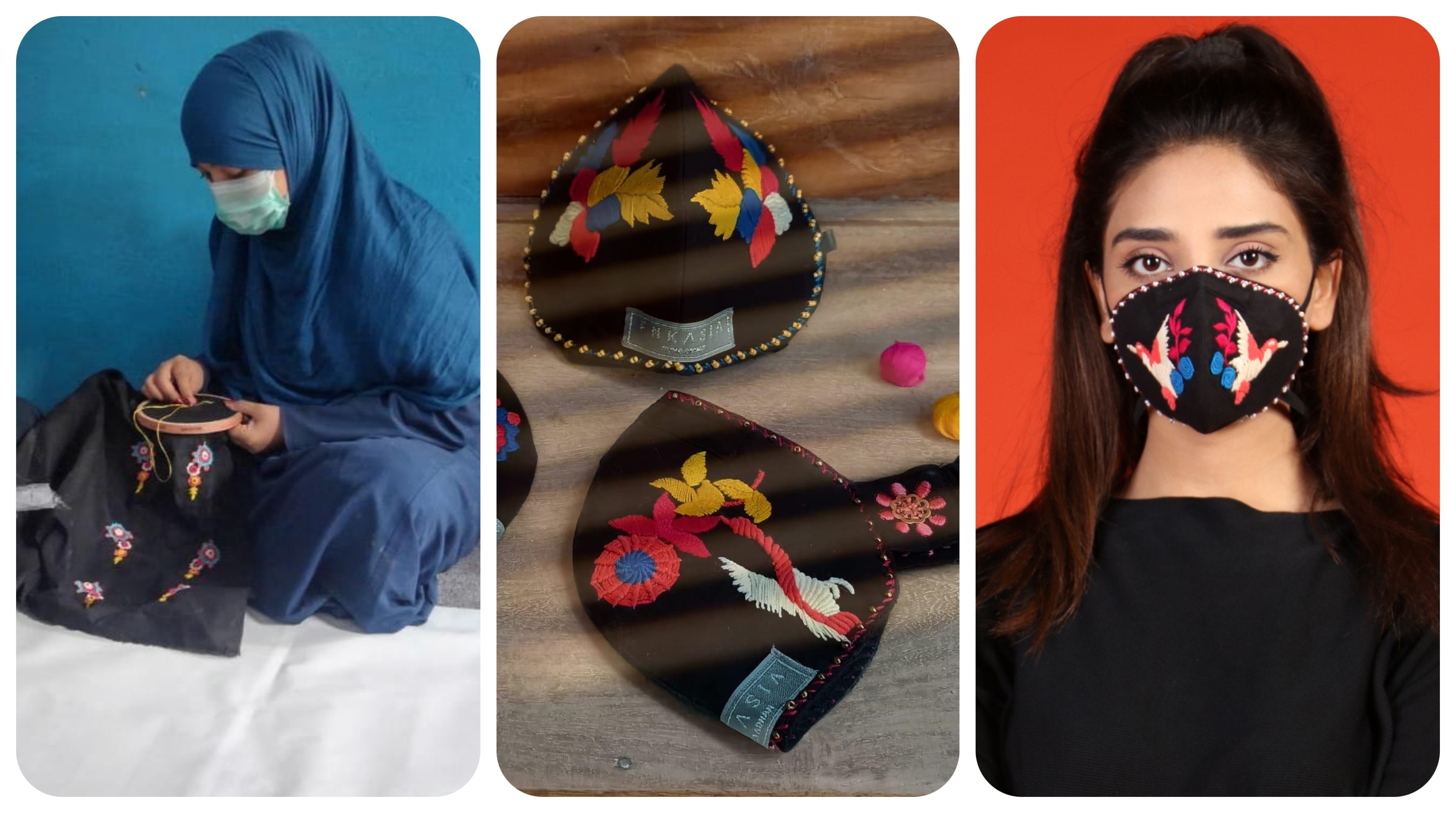Hand embroidered masks by refugee women at an embroidery studio set up by FnkAsia in Karachi, Pakistan, on July 15, 2020. (Huma Adnan)