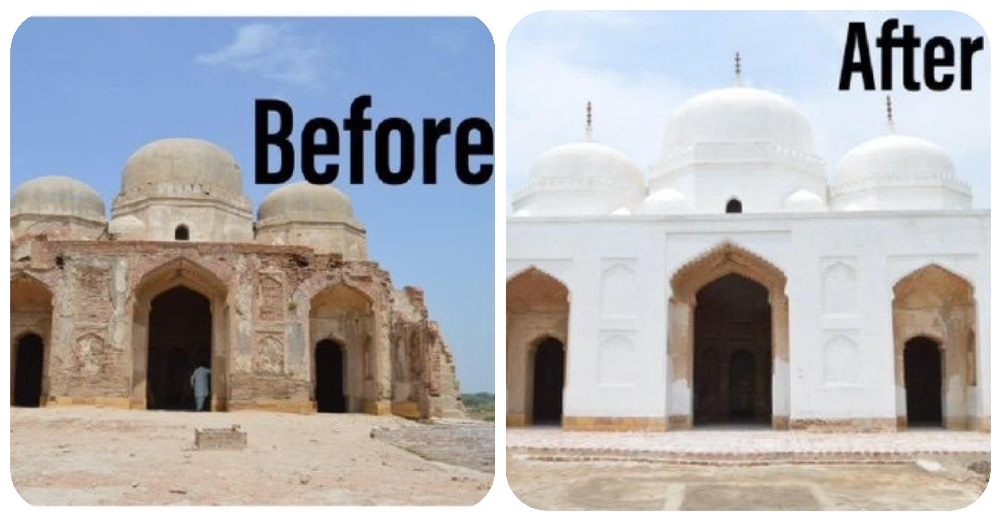 Before and after images of a restored mosque shared on Twitter by the Sindh culture department, Pakistan, on August 12, 2020 (Twitter photo)