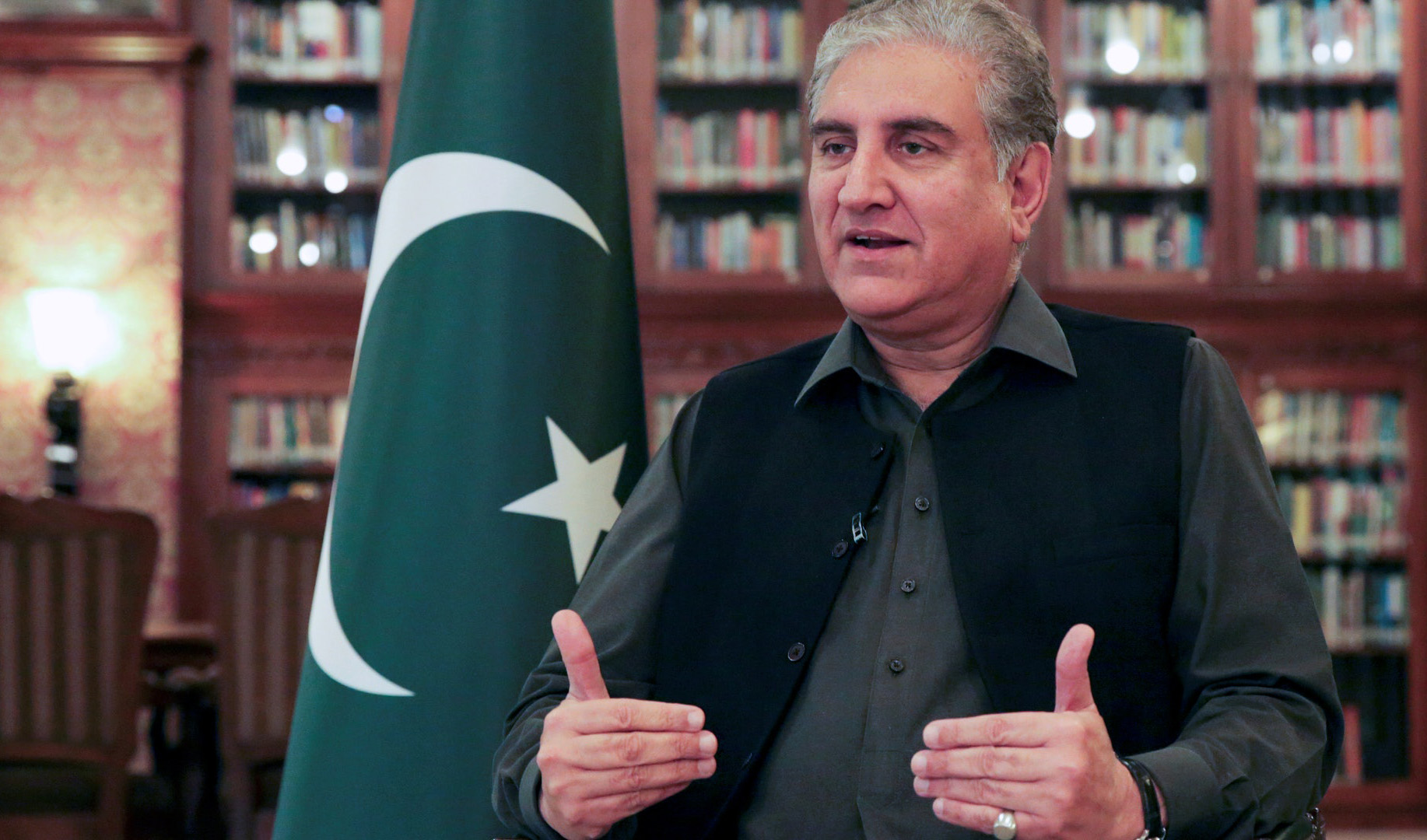 Pakistan's Foreign Minister Shah Mehmood Qureshi gestures as he speaks during an interview with Reuters at the Ministry of Foreign Affairs (MoFA) office in Islamabad on March 1, 2020. (REUTERS/File)
