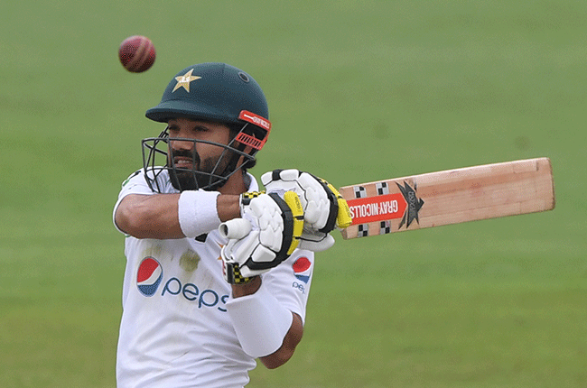Pakistan's Mohammad Rizwan plays a shot on the second day of the second Test cricket match between England and Pakistan at the Ageas Bowl in Southampton, southwest England on August 14, 2020. (AFP)