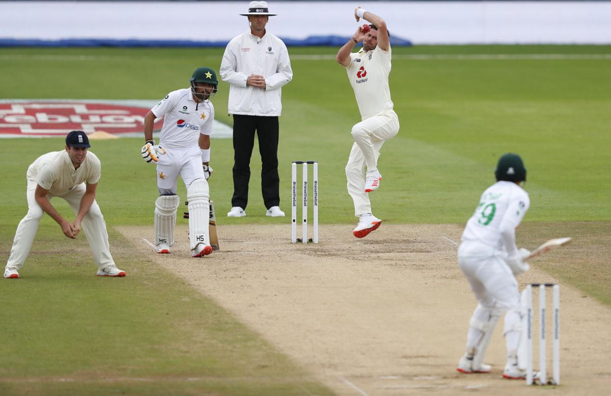 England's James Anderson bowls to Pakistan's Azhar Ali on the fifth day of the third Test cricket match between England and Pakistan at the Ageas Bowl in Southampton, southern England on August 25, 2020. (AFP)