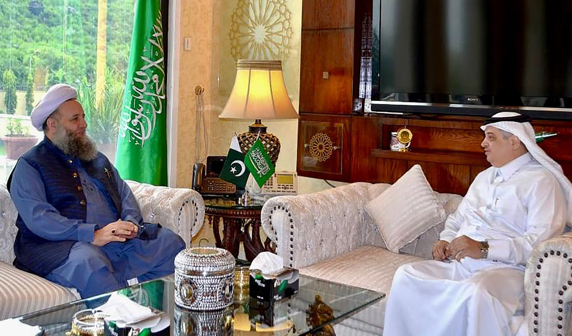 Pakistan’s Religious Affairs Minister Pir Noorul Haq Qadri meets Saudi Ambassador Nawaf bin Saeed Al-Malki in Islamabad on Aug. 26, 2020. (Photo courtesy: Religious Affairs Ministry)