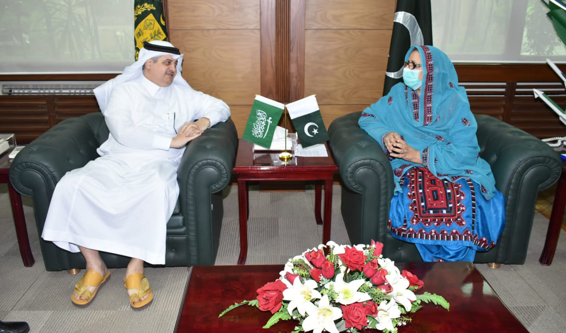 Federal Minister for Defense Production Zobaida Jalal meets Saudi Ambassador to Pakistan Nawaf bin Saeed Al-Malki at her office in Islamabad on Aug. 27, 2020. (PID)