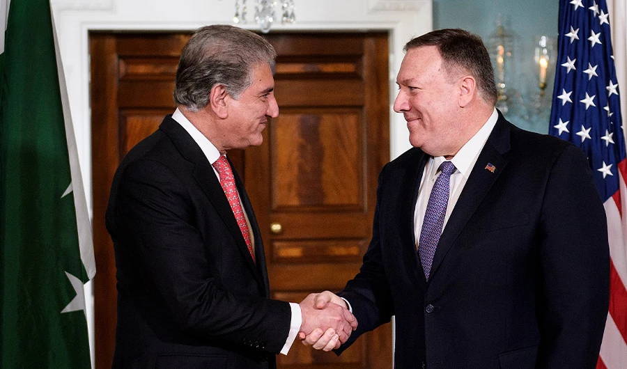 US Secretary of State Mike Pompeo shakes hands with Pakistani Foreign Minister Shah Mehmood Qureshi before a meeting at the US State Department on January 17, 2020, in Washington, DC. (AFP)