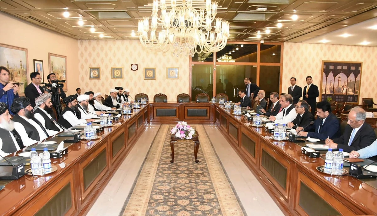 Pakistan's foreign minister Shah Mahmood Qureshi, fourth right, holds a meeting with Afghan Taliban delegation at the Foreign Ministry in Islamabad on Oct. 3, 2019. (Ministry of Foreign Affairs of Pakistan via AN)