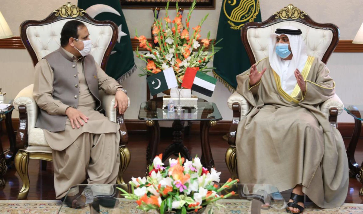 Hamad Obaid Al-Zaabi, the UAE ambassador to Pakistan, meets with Punjab Chief Minister Sardar Usman Buzdar in Lahore on Friday, Aug. 28, 2020. (Photo courtesy of UAE Embassy via AN)