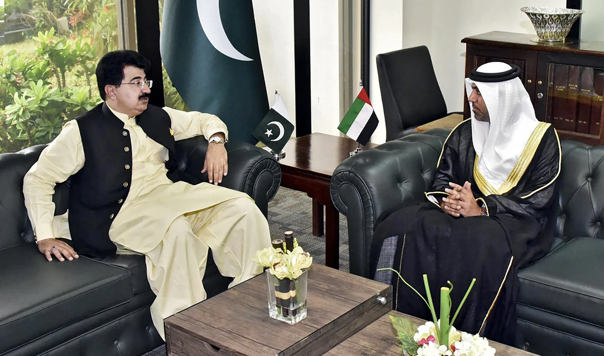 Pakistan Senate chairman Muhammad Sadiq Sanjrani meets UAE ambassador to Pakistan Hamad Obaid Al-Zaabi in Islamabad, Pakistan, on Aug. 31, 2020. (Photo courtesy: Chairman Senate Office)