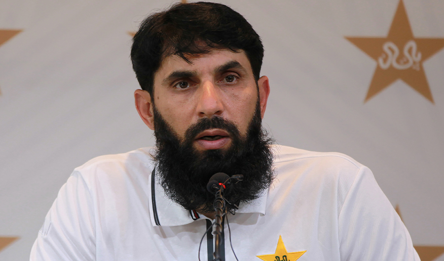 In this handout picture released and taken by Pakistan Cricket Board (PCB) on September 7, 2020, Pakistan cricket head coach Misbah-ul-Haq speaks to media during a press conference in Lahore. (AFP)