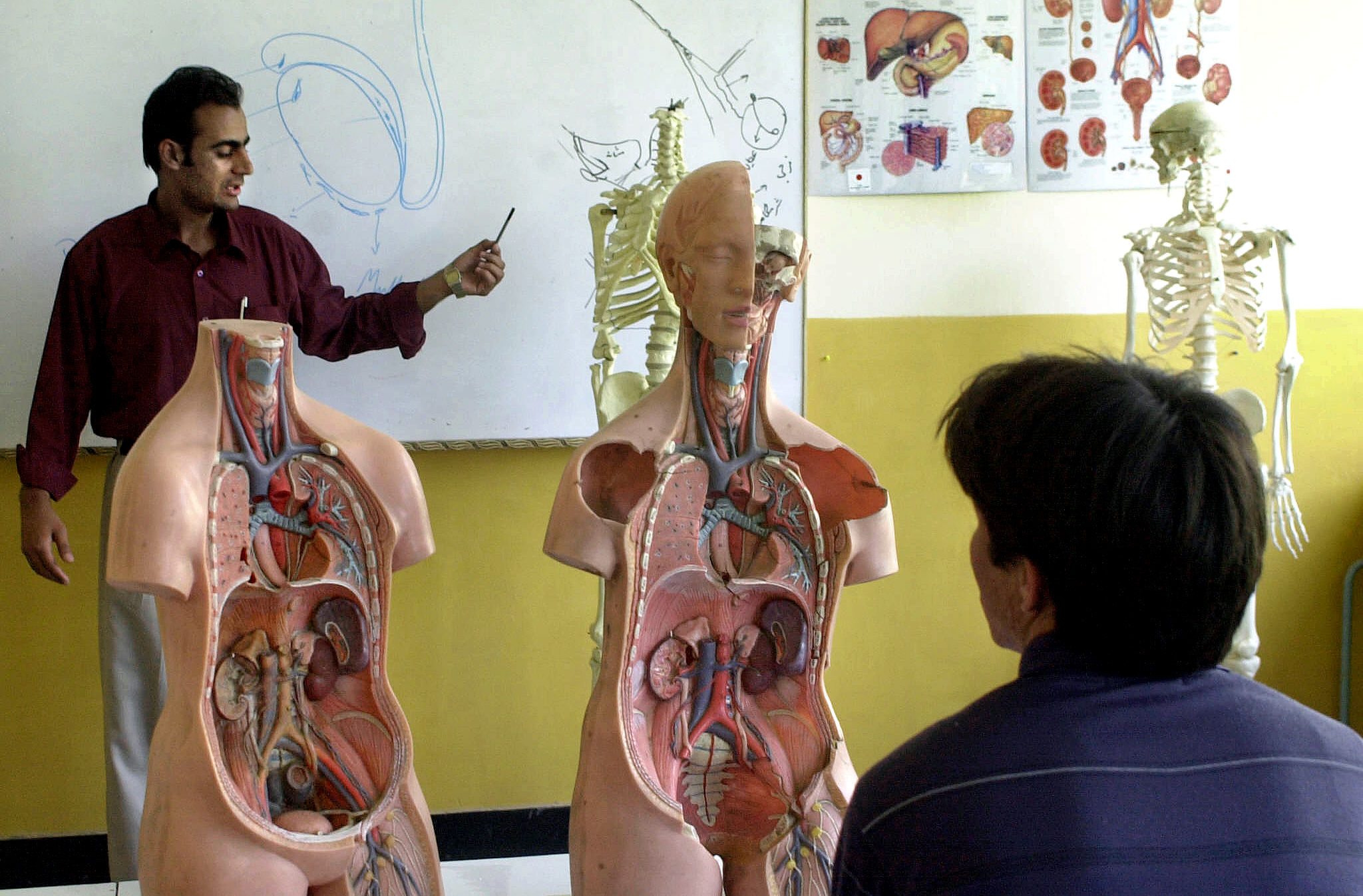 An Afghan student (R) of the Kabul University's medicine institute studies anatomy in Kabul, 05 June 2004. (AFP)