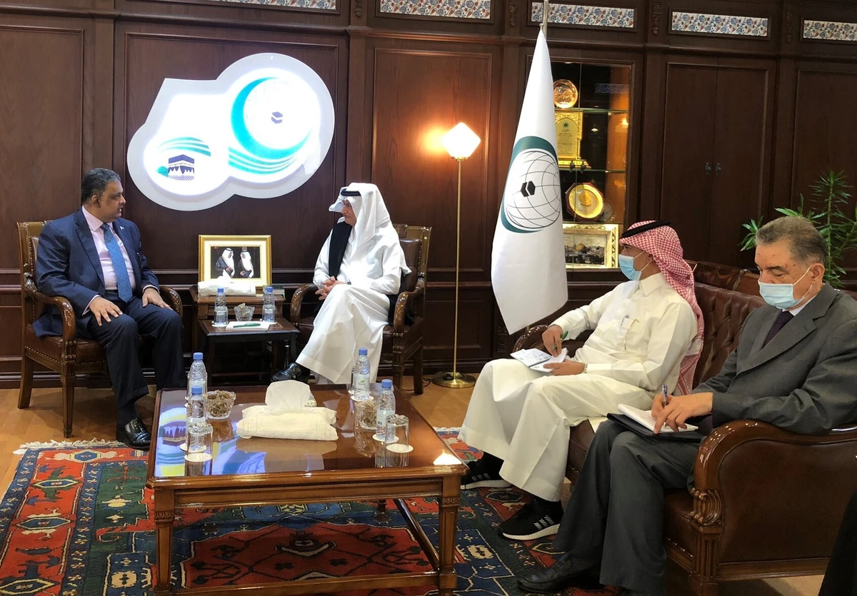 Pakistan’s permanent representative to the Organization of Islamic Cooperation (OIC), Ambassador Rizwan Saeed Sheikh, meets OIC Secretary General Dr Yousef Al-Othaimeen in his office in Jeddah on September 01, 2020. (Photo by Pakistan’s mission to OIC)