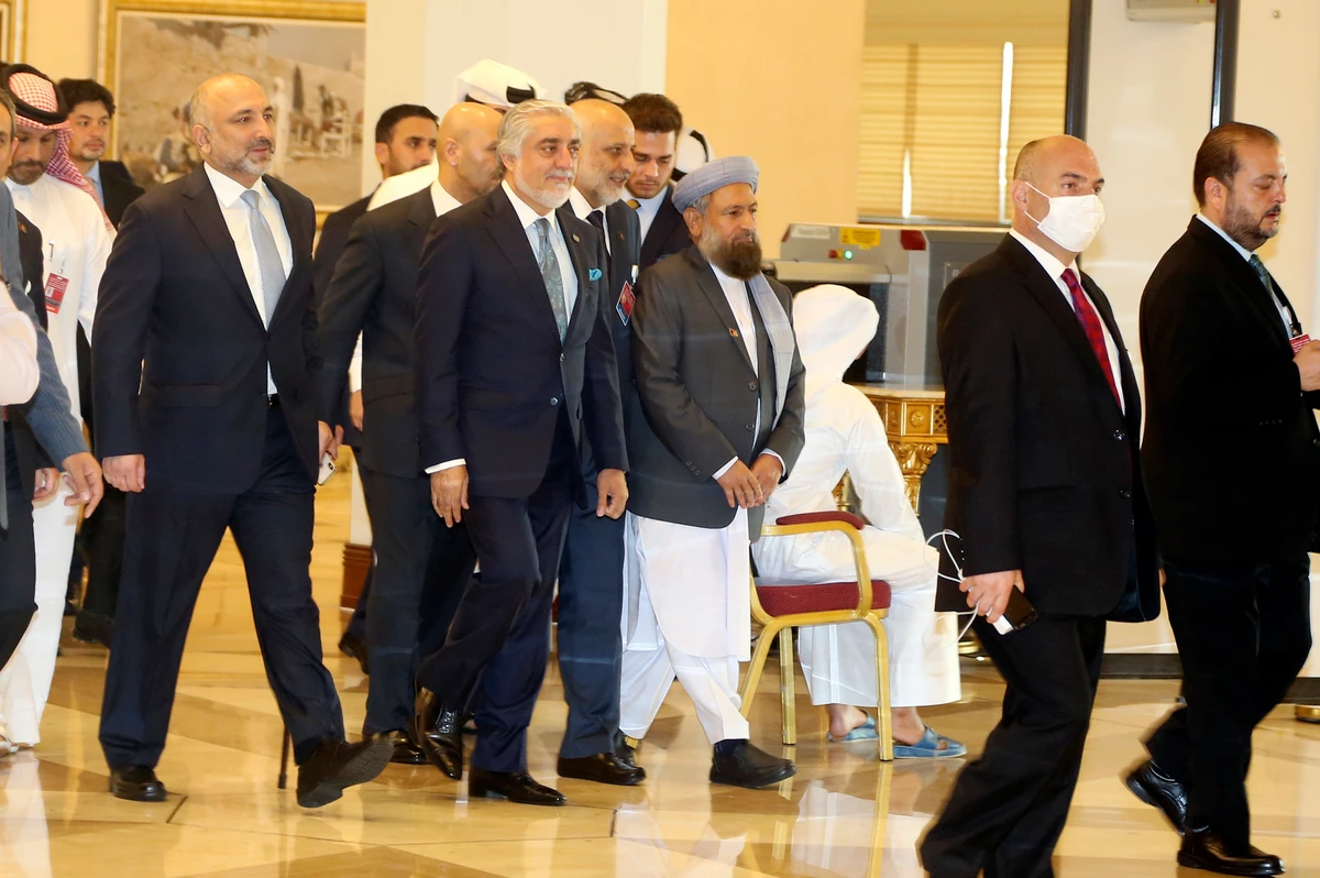 Abdullah Abdullah, center, chairman of Afghanistan's High Council for National Reconciliation, arrives wit his delegation for the opening session of the peace talks between the Afghan government and the Taliban in Doha, Qatar, Saturday, Sept. 12, 2020. (AP Photo)