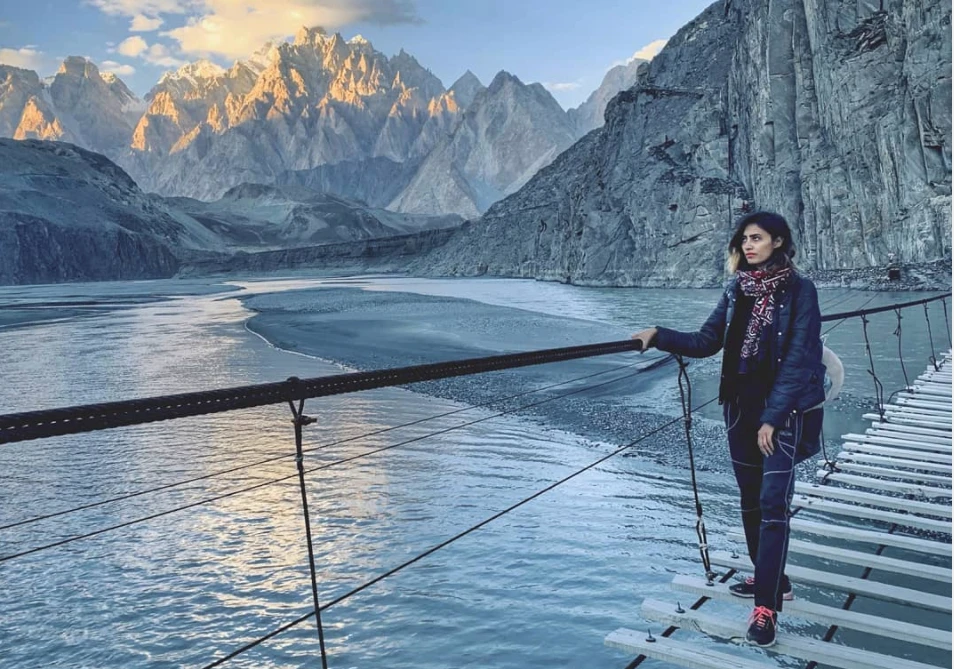 Maria Soomro shares a shot from Passu Suspension Bridge which goes to a remote village in Gilgit-Baltistan called Zarimabad on her Instagram page on September 12, 2020. (Picture courtesy of Maria Soomro)