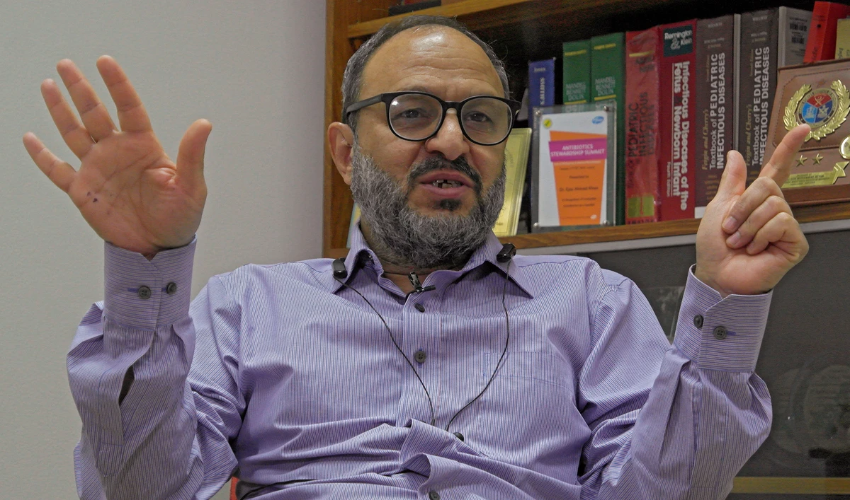 Ejaz A. Khan, Chief of Pediatrics and clinical in charge of Ad5-nCoV Phase III trial, gestures during an interview with Reuters at the Shifa International Hospital, in Islamabad on Sept. 29, 2020. (REUTERS)