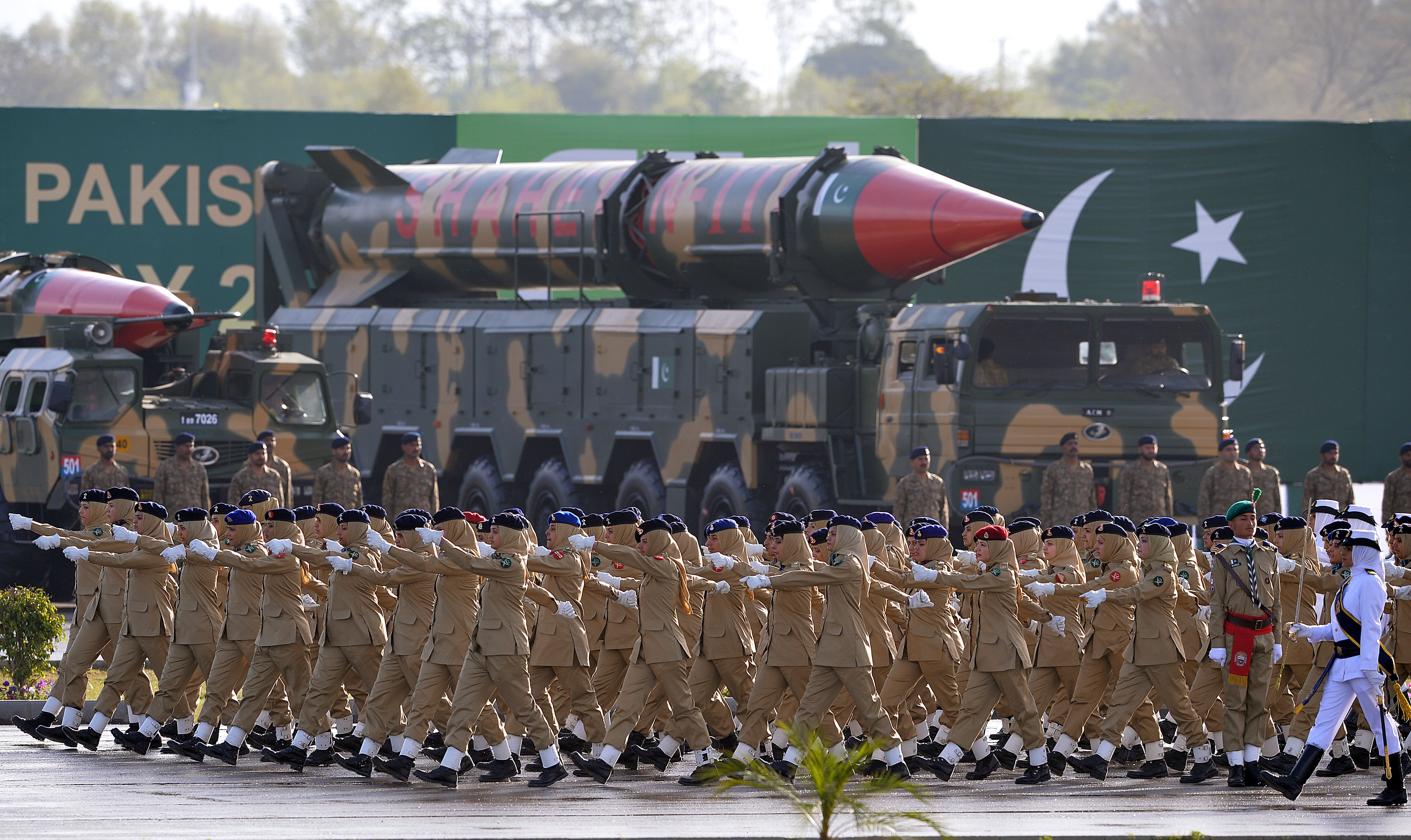 Pakistan Army Medical Corps personnel march past long-range ballistic Shaheen III missiles during the Pakistan Day military parade in Islamabad on March 23, 2016. (AFP)