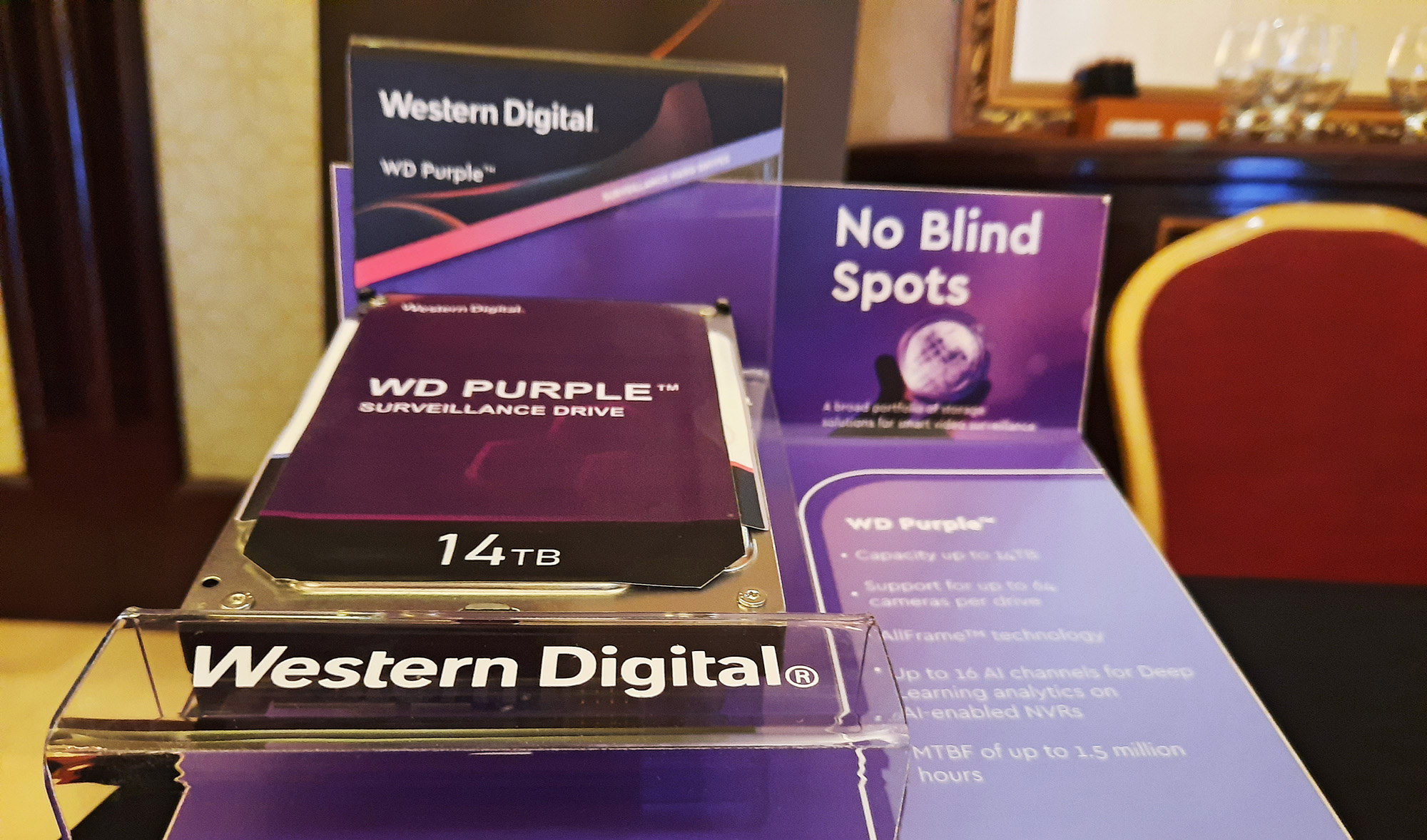 Western Digital Corporation’s purple device, an extended family of storage solutions, is displayed at the launch event of the company's extended product range in Pakistan on Oct. 7, 2020, in Karachi. (AN Photo)