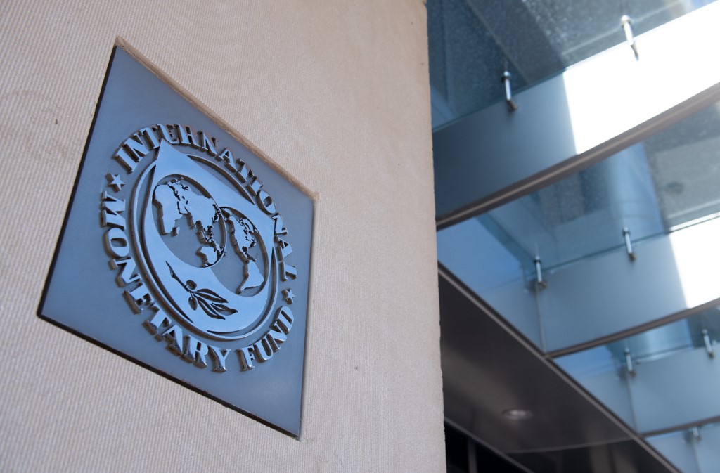 In this file photo taken on April 15, 2020, the seal of the International Monetary Fund (IMF) is seen at its headquarters in Washington, DC. (AFP)