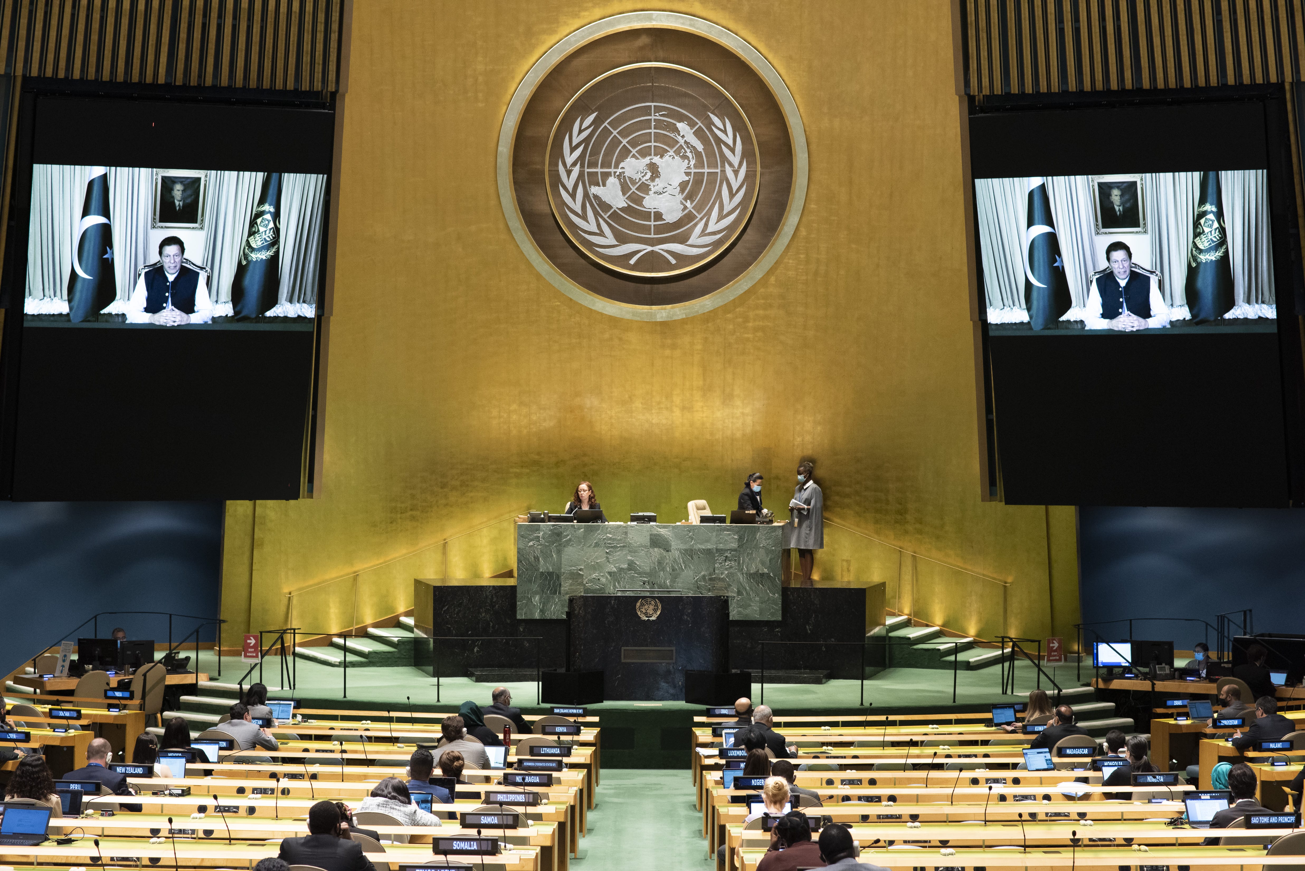 This UN handout photo shows Imran Khan, Prime Minister of the Islamic Republic of Pakistan, as he virtually addresses the general debate of the 75th session of the United Nations General Assembly, on September 25, 2020, in New York. (AFP)