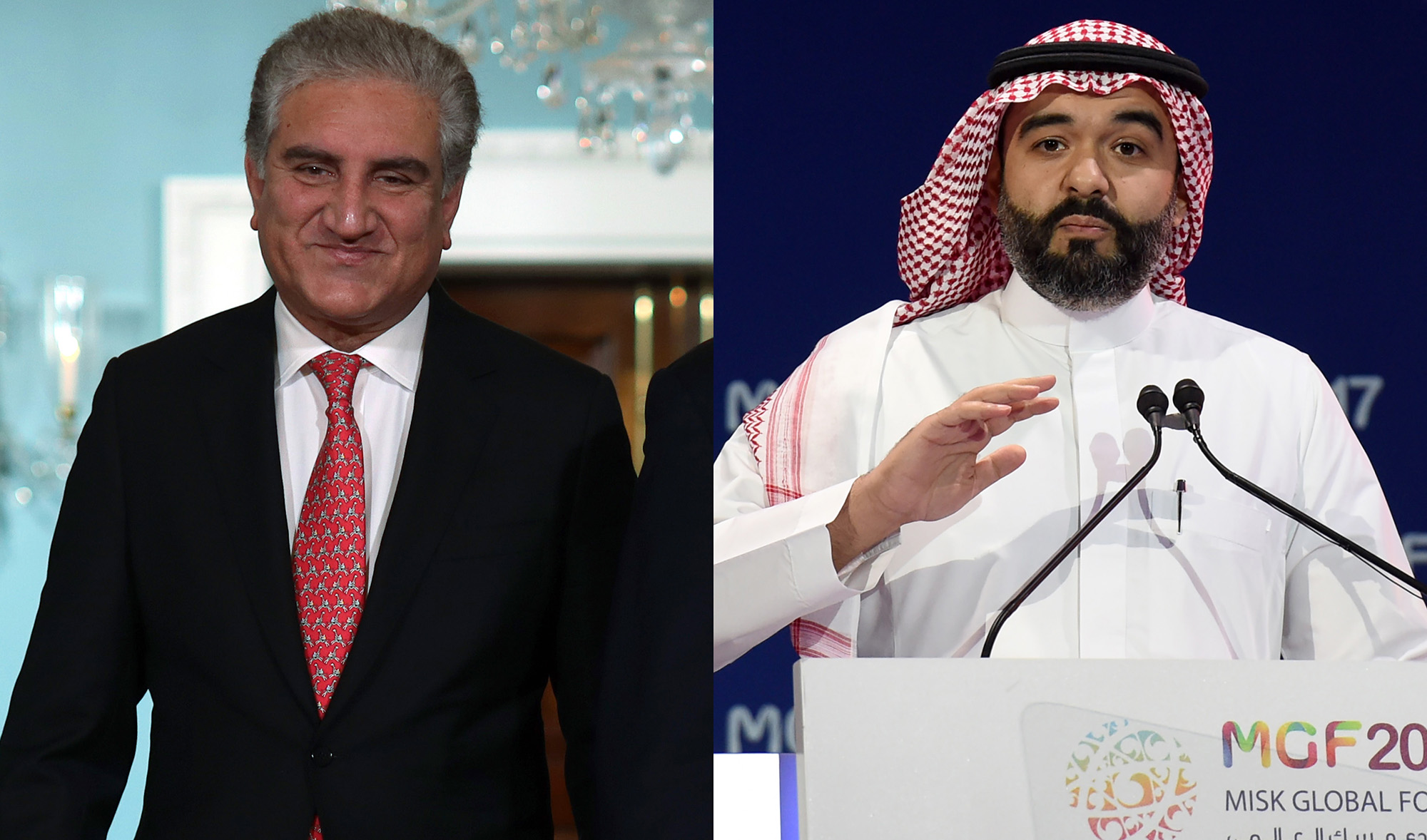 The collage shows Pakistan's Foreign Minister Shah Mahmood Qureshi, left, and Saudi Arabia's Minister of Communication and Information Technology Abdullah Al-Swaha. (AFP photos)