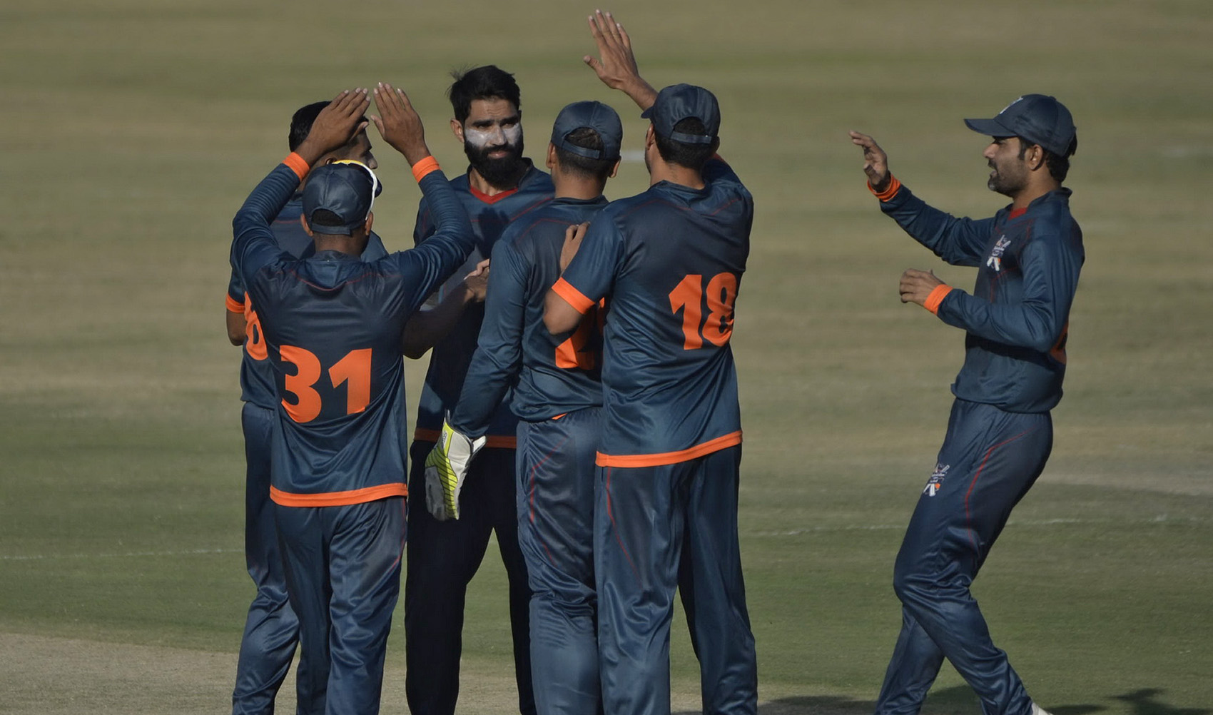 Balochistan players celebrate after dismissing Northern's batsman in the 27th match of the National T20 Cup at Pindi Club Ground, Rawalpindi on Oct. 15, 2020. (Photo courtesy: Pakistan Cricket Board)